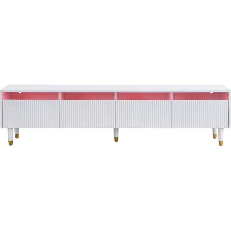 Meuble TV bas 178 cm, blanc minimaliste à quatre tiroirs, banc télévision blanc en MDF, 4 tiroirs coulissants, meuble TV moderne pour salon et séjour (1/5)