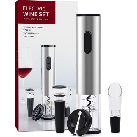 Tire-bouchon électrique, kit tire-bouchon rechargeable, tire-bouchon électrique avec coupe-couteau en aluminium, distributeur de vin, bouchon de vin sous vide (1/5)