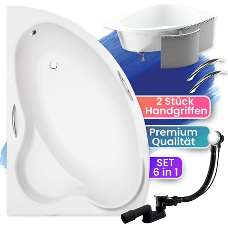 Badewanne Eckbadewanne 140x90 Links mit Styroporverkleidung + Handgriffen, Ablauf & Füße GRATIS - Komplettset 5in1 Original Acryl Wanne - BADLAND ADA