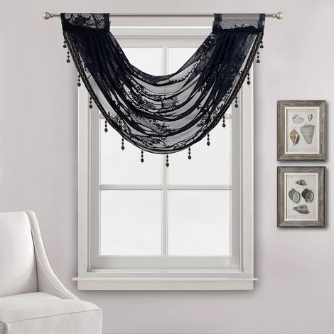 BEBUSINGOTO Rideau de fenêtre en dentelle cascade avec broderie florale semi-transparente pour cuisine, cantonnière filtrant la lumière, 1 panneau, noir, 40,6 x 73,7 cm (1/5)