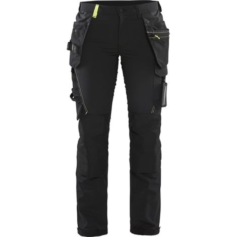 Pantalón de trabajo artesanal stretch 4D mujer 7192 - Negro/Amarillo fluorescente XL - FR(46) - SE(C44) - Corto