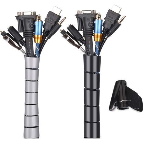 Cache Cable 2 Pack,Flexible Range Cable 2x3m PE Cable Rangement Organisateur de Cable pour Ranger ou Cacher les cables,Gaine pour cables(2.2cm  et 1.6cm),Noir et Gris-RAPANDA