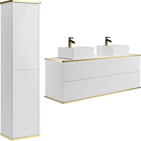 Mobile bagno sospeso con scanalature con doppio lavabo da appoggio quadrato e colonna - Bianco - 150 cm - KELIZA