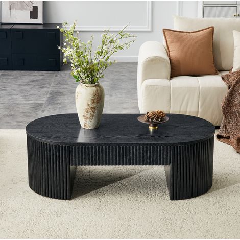 Ovale Couchtisch 105x54x38 cm schwarz mit Aufbewahrungsschublade, MDF gerillt MEUBLIV (1/5)