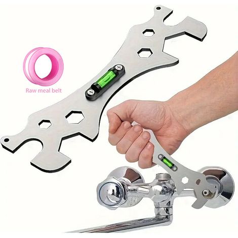 Clé de salle de bain en acier inoxydable, pour le positionnement et l'installation de la pomme de douche, clé hexagonale épaisse avec niveau à bulle incurvé.