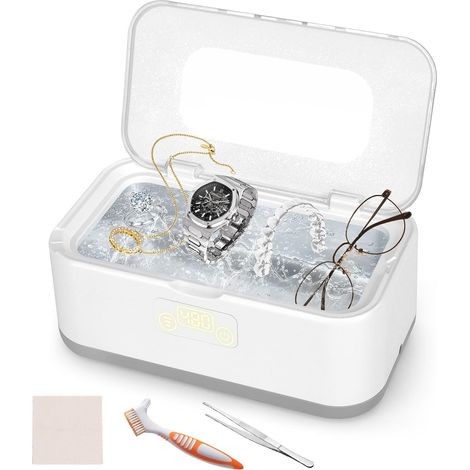 Limpiador ultrasónico de 49 kHz y 765 ml (27 oz) - Acero inoxidable 304 - Gris y blanco - 360º - Dispositivo de limpieza para gafas, joyas, relojes y monedas. (1/4)
