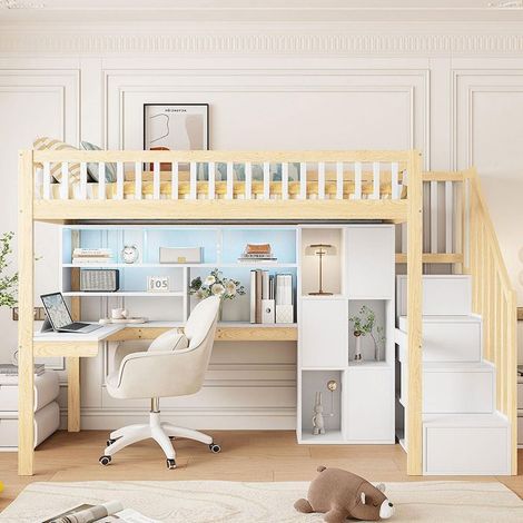 Lit mezzanine 90x200 cm blanc/naturel avec bureau, rangements et LED intégrée — sans matelas (1/5)