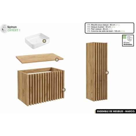Ensemble complet de salle de bain - Meuble - Colonne - Vasque à poser avec Siphon OFFERT MARCO Oak 80 x 56 x 45 cm (1/5)