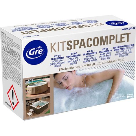GRE – Kit complet de traitement pour spa – 2 sachets pH+ 20g – 2 sachets pH- 30g – 4 sachets désinfectant 20g – Compatible spas gonflables