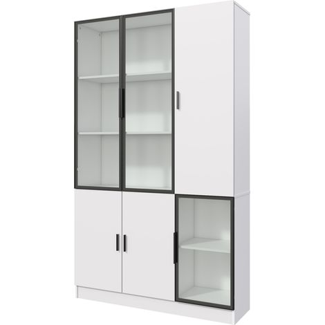 Vitrine en panneaux de particules blanche avec 3 portes en verre, éclairage LED, 120 x 35 x 200 cm (1/5)