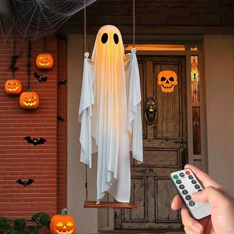 Décoration extérieure d'Halloween 2026 – Grand fantôme balançoire à suspendre avec guirlande lumineuse, décoration mignonne effrayante pour porche, cour et arbre (1/5)