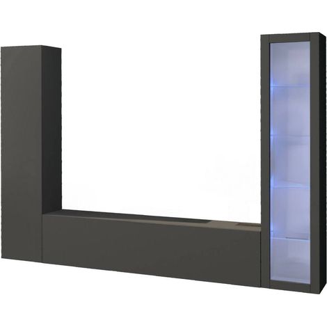 Dmora - Placard Dekda, Ensemble de salon Meuble TV avec 3 portes, Meuble de salon polyvalent avec vitrine et lumière LED, 100% Made in Italy, cm 260x30h180, Anthracite (1/5)