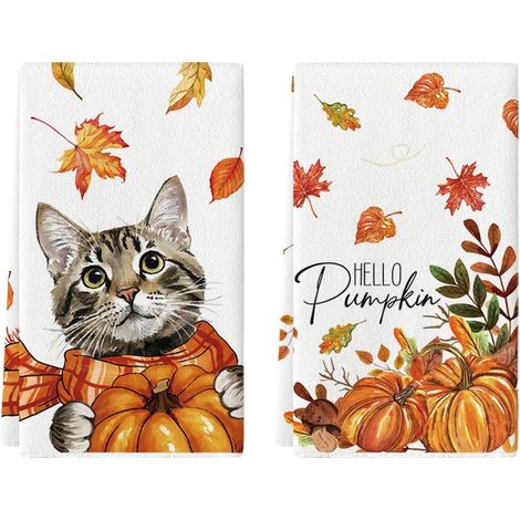 Lot de 2 Torchons de Cuisine Automne Chat Feuilles 42x65cm (1/5)