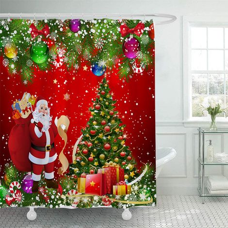150 x 180 cm großer Duschvorhang mit Weihnachtsmotiv, Duschvorhang mit Weihnachtsmann-Motiv, Badezimmer-Dekorationsset, wasserdichtes Material, mit 12 Haken