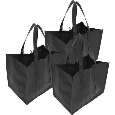 Set aus 3 faltbaren und wiederverwendbaren Einkaufstaschen aus schwarzem Vliesstoff mit Tragegriffen. (1/5)