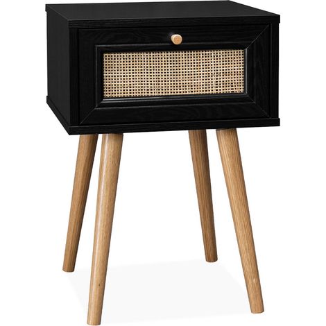 Woven rattan bedside table with drawer, Boheme, Black, 39x39x55.4 cm