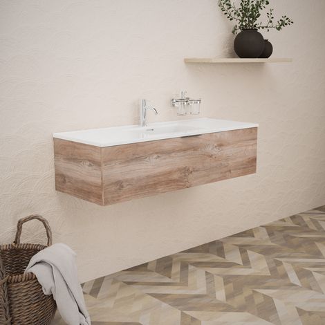 Inda - Badezimmerschrank B.120 mit glänzendem Waschbecken / Natureiche 1 Schublade - Topazio (1/5)