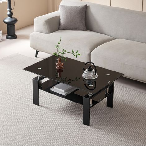 Mesa baja de salón negra en vidrio templado 2 niveles con estante de almacenamiento, estructura metálica, 100x60x44 cm (1/5)