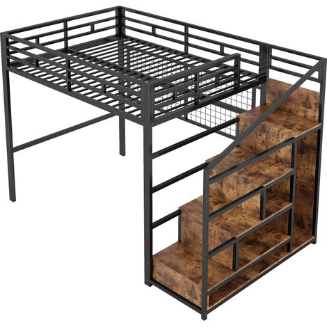 Hochbett 140 x 200 cm aus schwarzem Metall mit Schrank, Stauraumtreppe und 7-Farb-LED (1/5)