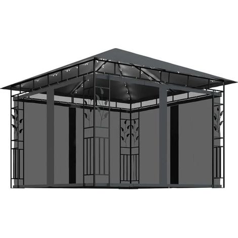 Un gazebo avec moustiquaire et éclairage LED, mesurant 3x3x2,73 mètres, de couleur gris anthracite.