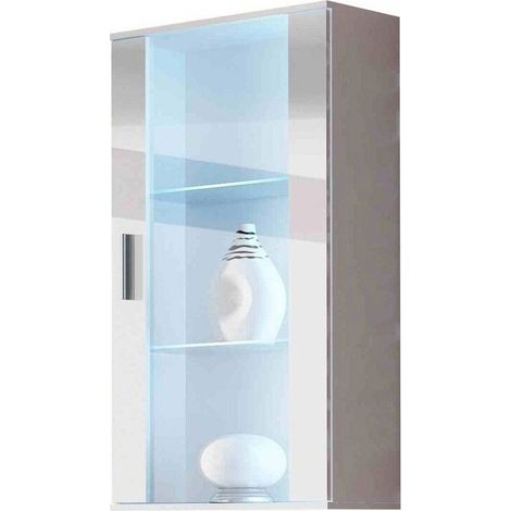 Armario de pared Tornola 103, Blanco + Blanco brillante, 116x60cm, Número de puertas: 129cm, Aglomerado laminado, Vidrio, LED