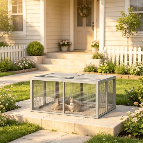 Clapier pliable et portable en bois gris pour 2 à 3 lapins, avec grande porte d'accès. (1/5)