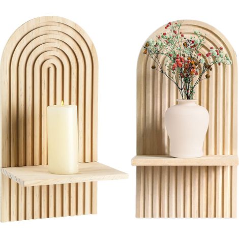 Estantería de pared estilo bohemio / Estantería decorativa de pared de madera de pino natural / 2 estantes (1/4)