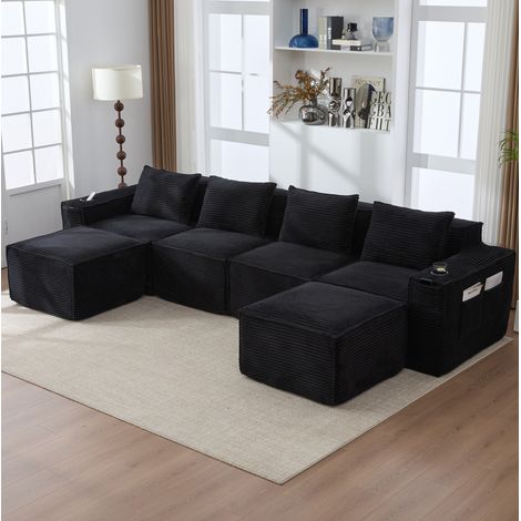 Sofá esquinero modular de 4 plazas con 2 otomanas, portavasos y bolsillos, para salón, tejido de pana, 330×162×75 cm, negro (1/5)