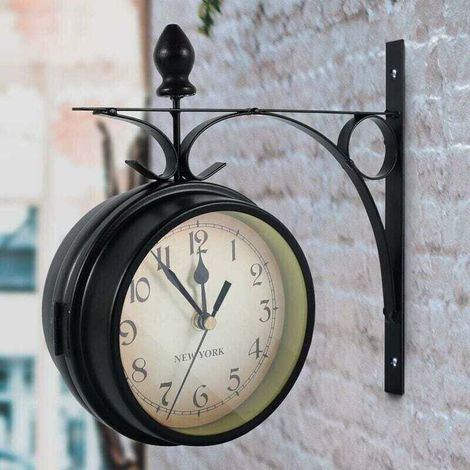 Horloge murale double face, horloge de jardin rtro europenne avec double surface en verre, horloge de dcoration vintage suspendue avec support, intrieur extrieur (sans pile) (1/4)
