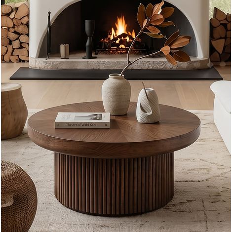 Tavolino rotondo da 78 cm con piano di 8 cm di spessore, base cilindrica scanalata, legno composito, soggiorno - noce (1/5)