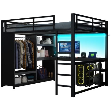 Lit mezzanine  avec échelle, lit enfant avec structure en fer et étagère de rangement, armoire