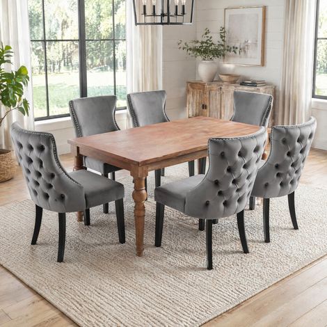 Silla de comedor de terciopelo gris, lote de 6, estructura de madera maciza DESVIAE (1/5)