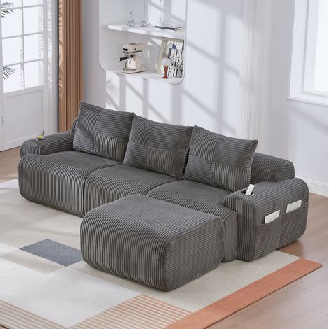 Canapé modulable 268/174/80 cm gris foncé en velours côtelé avec porte-gobelet et poche latérale (1/5)