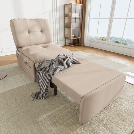 Canapé convertible 1 place in tessuto di lino beige 81,5x92x90 cm, letto estraibile 80x165 cm (1/5)