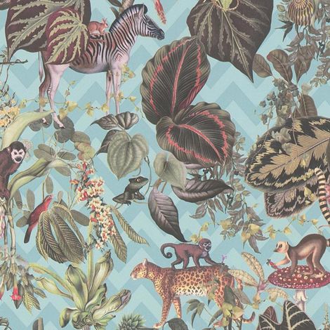 Blue Jungle Wallpaper Textured Animal Tropical Vinyl Green (1/2)