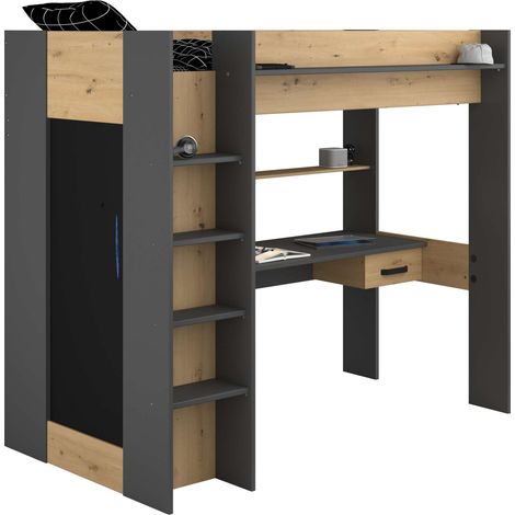 Cama Alta High con Armario y Escritorio en color Roble Artisan y Gris oscuro 90x200 cm