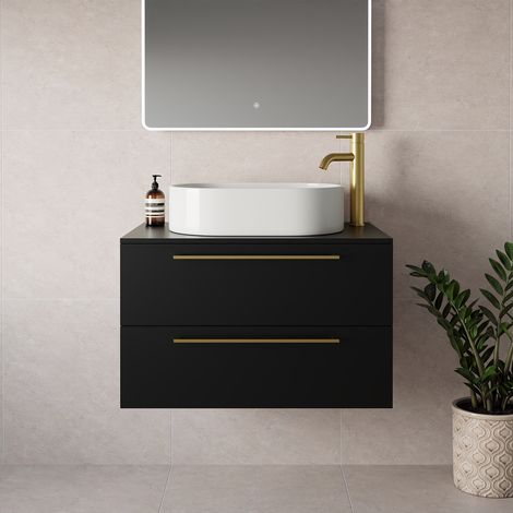 Napoli 460 Matt Black 800mm Wall Mounted 2 Drawer Vanity Unit for Countertop Basins - 800mm - Brushed Brass 480mm Handle