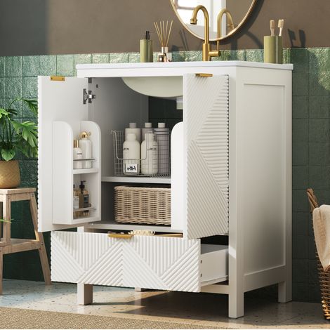 Meuble de salle de bain sur pied 61 cm avec vasque en céramique, blanc, OKMYHOME (1/5)