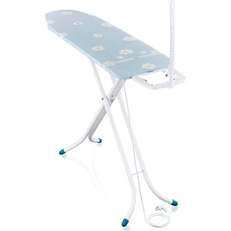 Leifheit Bügelbrett Classic M Compact Plus, Bügeltisch mit Fläche 20 x 38cm, Kompakte Streckmetall-Bügelfläche, stabil und höhenverstellbar 76-96 cm, Kabelhalter, Transportsicherung, weiß/blau/gelb (1/5)