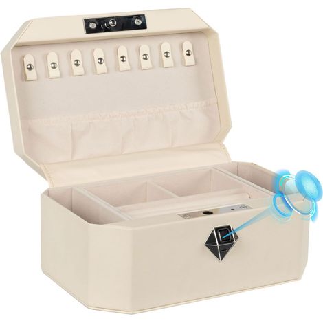 Coffre-fort à bijoux, coffre-fort biométrique pour empreintes digitales, boîte à bijoux enveloppée de cuir avec serrure, accès rapide et entrée sans clé (deux niveaux, blanc) (1/5)