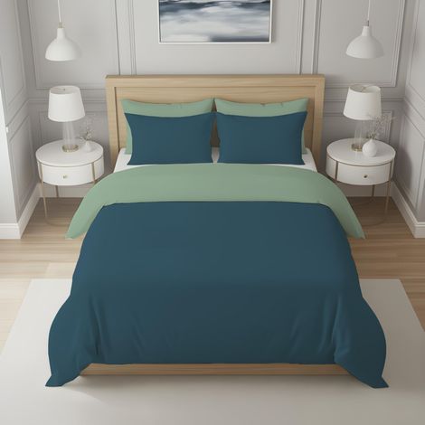 Housse de Couette Bicolore en Coton 57 Fils 240x220 cm UNI Vert Eau et Bleu Canard (1/2)