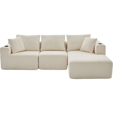 Sofá esquinero modular de 3 plazas en chenilla con chaise longue, portavasos y bolsillos (1/5)