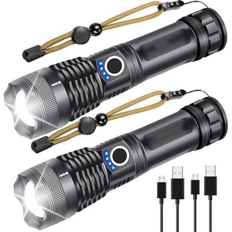 UlisemTorche Torcia LED 2 pezzi, XHP50 Torcia ricaricabile tramite USB IPX4 Impermeabile, 5 modalità di illuminazione, Torcia telescopica con zoom per campeggio, escursionismo, emergenza [Classe energ (1/4)