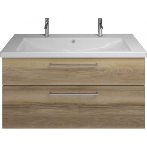 Burgbad Eqio Keramik-Doppelwaschtisch mit Unterschrank, 2 Auszüge und Stangengriff Frassino Dekor Cappuccino 123 cm (1/3)