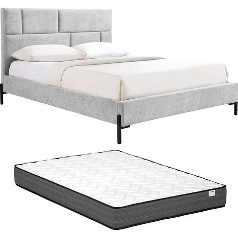 Letto 160 x 200 cm con testata imbottita Tessuto Grigio chiaro + Materasso – NOULAVO (1/5)