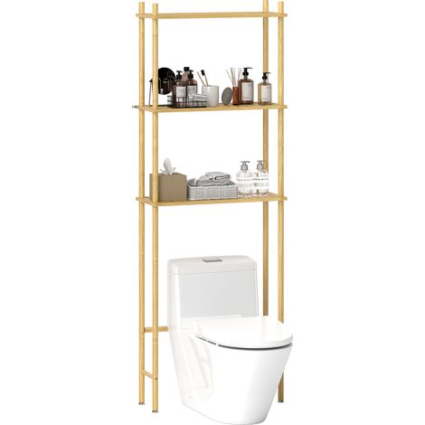 Meuble de rangement sur WC à 3 niveaux en bambou à lattes, 63,5 x 25,5 x 181 cm, finition bois