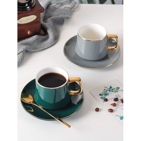 Tassen mit Untertasse, Basic, für Tee, Kaffee oder Cappuccino für 1 Person, Europäisches Keramik-Gold-Set, 2 grüne und 2 graue Tassen, 250 ml (1/5)
