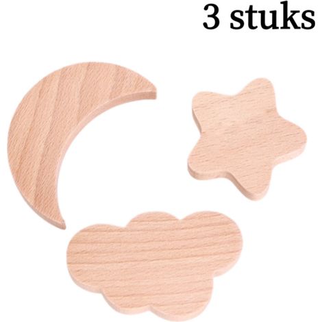 Ensemble de 3 crochets muraux en bois - Étoile, Lune et Nuage - Autocollants - Décoratifs - Naturels (1/5)