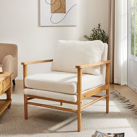 White Upholstered Teddy Bear Fur Wooden Armchair (1/5)