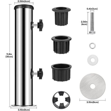 Pied De Parasol - Support En Acier Inoxydable Ø58 Mm - Pour Table Ou Sol Dur - Avec Anneaux De Réduction PVC (32/38/48 Mm) - 1 Pièce (1/3)